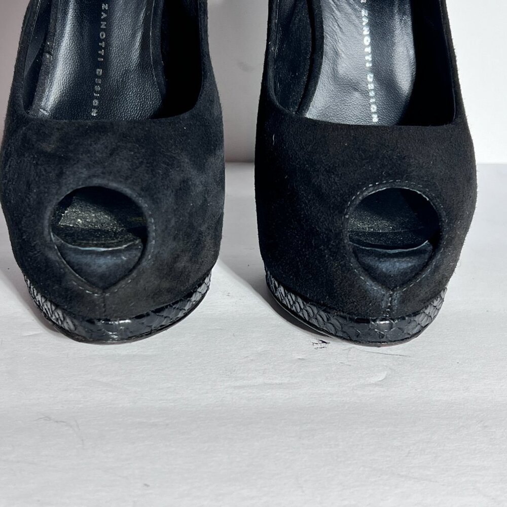Giuseppe Zanotti Blk Suede Snakeskin High Heel Peeptoe Slingback Pump Sz 8.5 - Picture 10 of 15